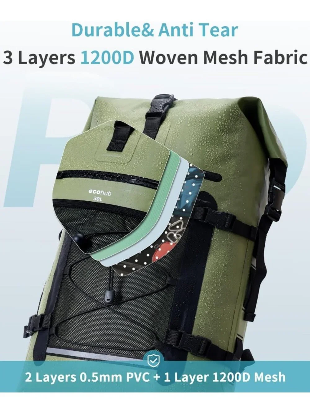 Waterproof Roll-Top Backpack 30L for Travel, Heavy Duty Dry Bag & Phone Case